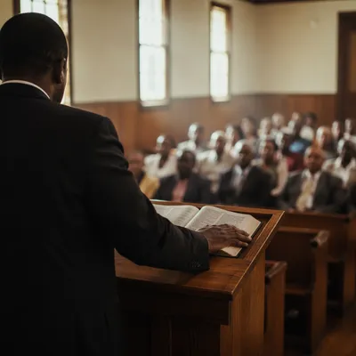 Pastor Preaching at Wooden Chapel Pulpit