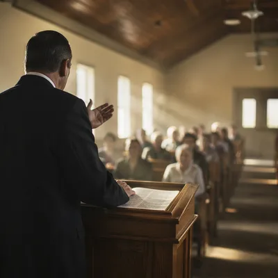 Pastor Preaching in a Modest Chapel