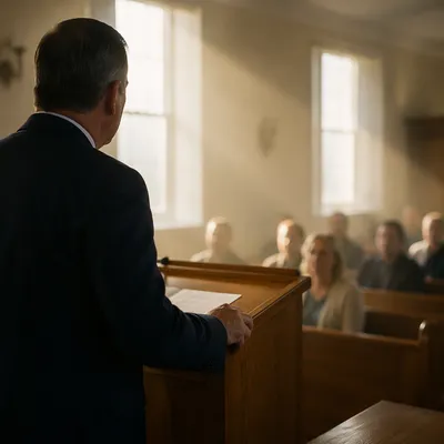 Pastor Preaching at Wooden Pulpit