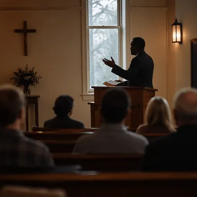 Pastor Preaching in Rainy Chapel Morning