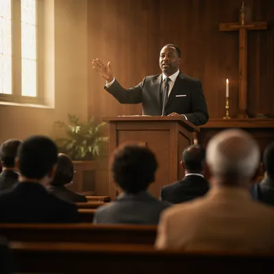 Black Pastor Preaching at Wooden Pulpit