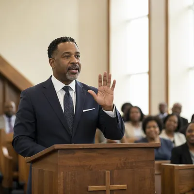 Black Pastor Preaching in Bright Sanctuary
