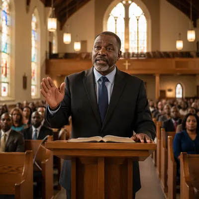 Black Pastor Preaching in Sunlit Sanctuary