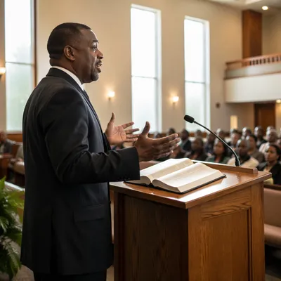 Black Pastor Preaching in Bright Sanctuary