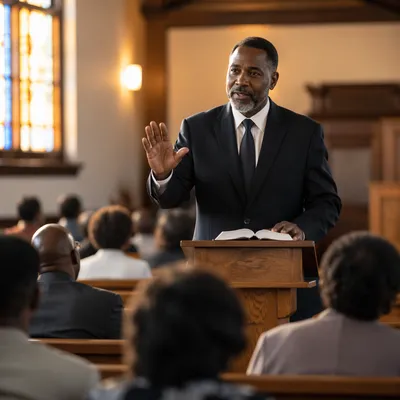 Black Pastor Preaching in Warm Sanctuary