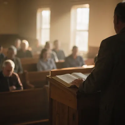 Pastor Preaching in Modest Sunlit Chapel