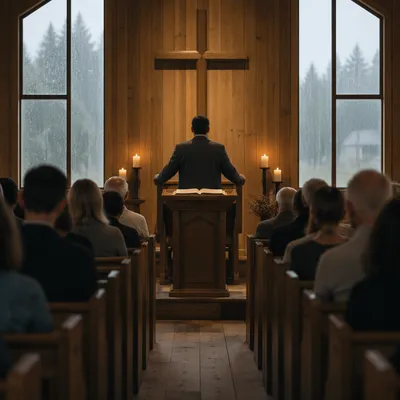Pastor Preaching in Rainy Wooden Chapel
