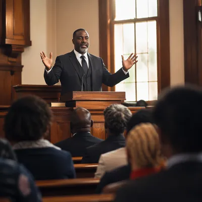 Black Pastor Preaching in Church Interior