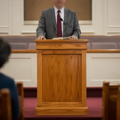 Pastor Preaching Behind Warm Wooden Pulpit