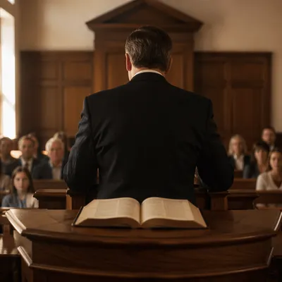 Pastor Preaching at Wooden Church Pulpit