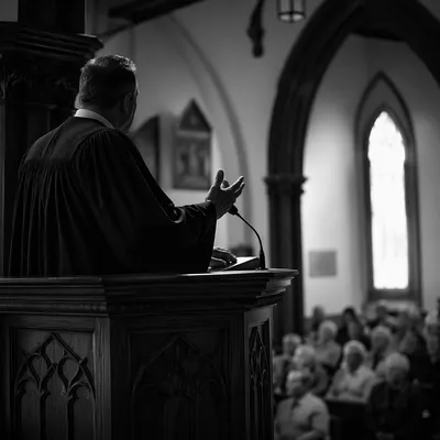 Pastor Preaching at Wooden Church Pulpit