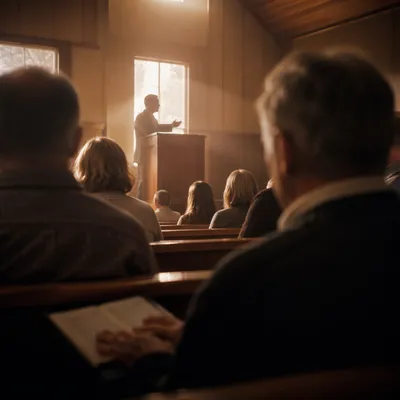 Pastor Preaching in Warm Wooden Chapel