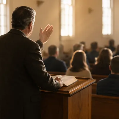 Pastor Preaching in Sunlit Chapel