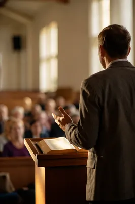 Pastor Preaching at Wooden Pulpit
