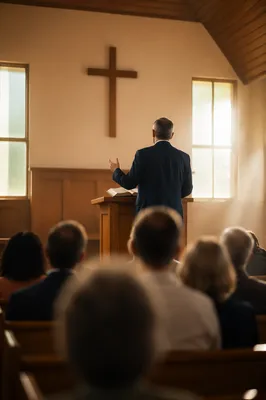 Pastor Preaching at Warm Wooden Pulpit