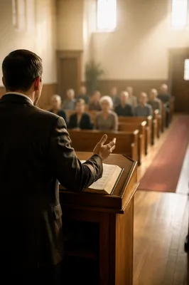 Pastor Preaching from Wooden Pulpit