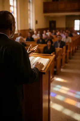 Pastor Preaching from Wooden Church Pulpit