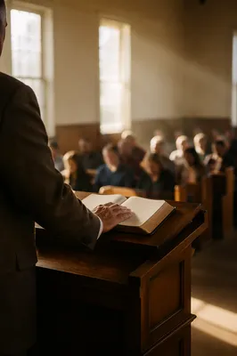 Pastor Preaching at Wooden Pulpit