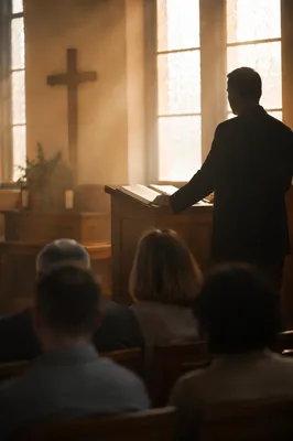 Pastor Preaching in a Modest Chapel