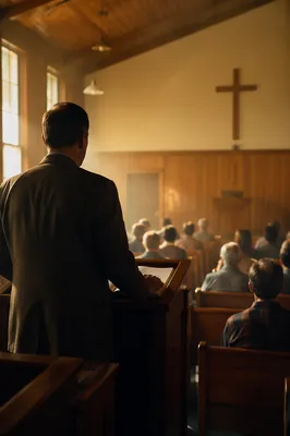 Pastor Preaching in a Wooden Chapel