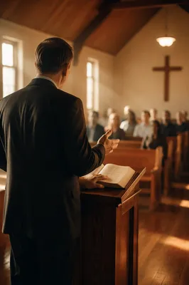 Pastor Preaching at Wooden Chapel Pulpit