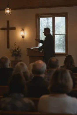 Pastor Preaching in Rainy Chapel Morning