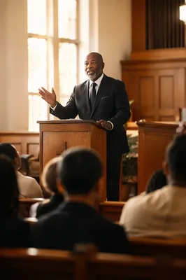 Black Pastor Preaching at Wooden Pulpit