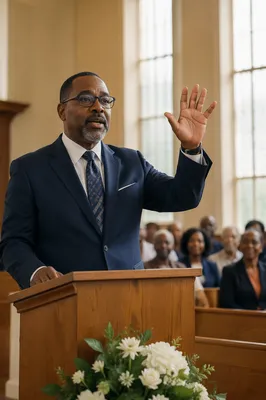 Black Pastor Preaching in Bright Sanctuary