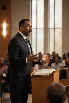 Black Pastor Preaching in Bright Sanctuary