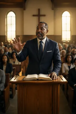 Black Pastor Preaching at Wooden Pulpit