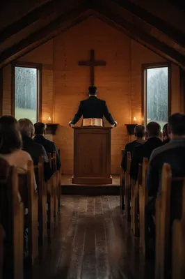 Pastor Preaching in Rainy Wooden Chapel