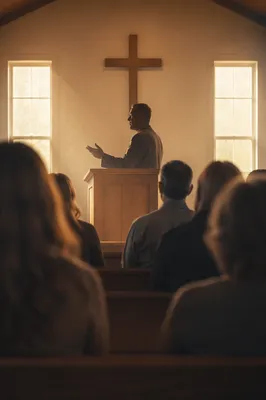 Pastor Preaching in a Modest Chapel