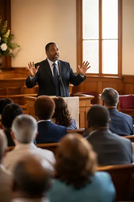 Pastor Speaking at Wooden Church Pulpit