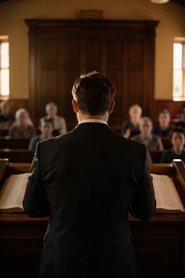 Pastor Preaching at Wooden Church Pulpit