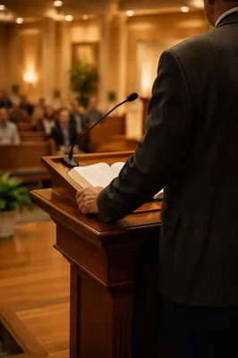 Pastor Preaching at Wooden Chapel Pulpit