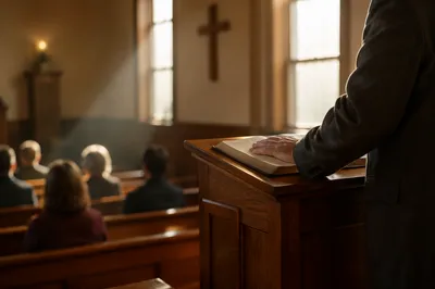 Pastor Preaching at Wooden Chapel Pulpit