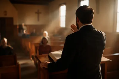 Pastor Preaching at Wooden Chapel Pulpit