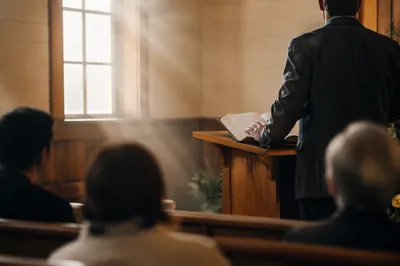 Pastor Preaching in a Modest Chapel