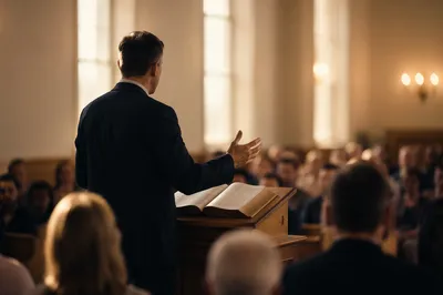 Pastor Preaching at Wooden Pulpit