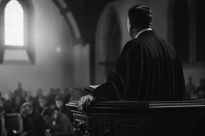 Pastor Preaching at Wooden Church Pulpit