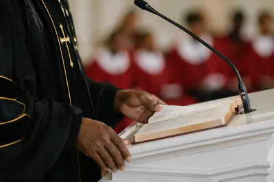 Pastor Preaching From White Church Pulpit
