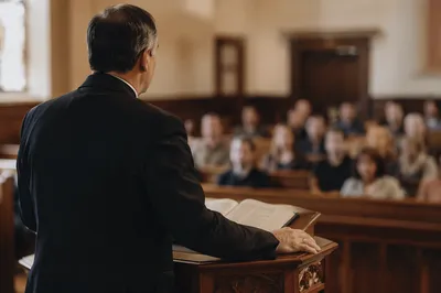 Pastor Preaching at Wooden Church Pulpit