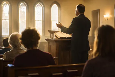Pastor Preaching in Warm Church Sanctuary