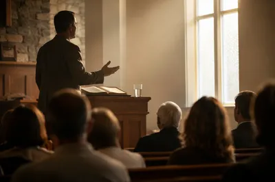 Pastor Preaching at Wooden Pulpit