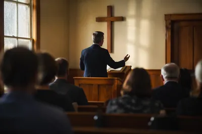 Pastor Preaching at Warm Wooden Pulpit