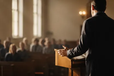 Pastor Preaching at Wooden Chapel Pulpit
