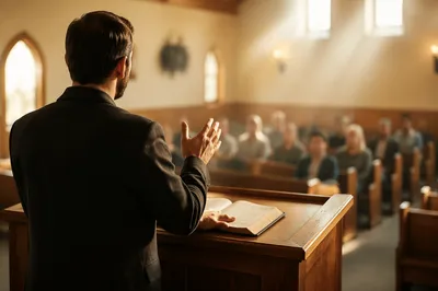 Pastor Preaching in Warm Chapel Light