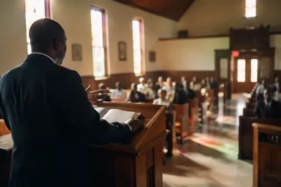 Pastor Preaching from Wooden Pulpit
