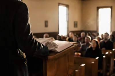 Pastor Preaching at Wooden Pulpit