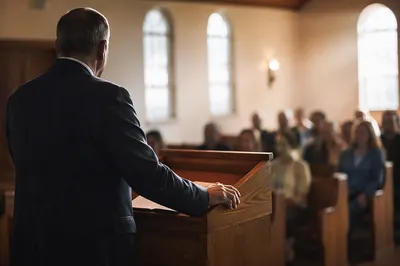 Pastor Preaching in Modest Church Sanctuary
